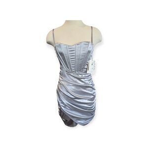 LINJOU Womens Satin Sweetheart Neckline Wrap Bodycon Backless Dress M Silver